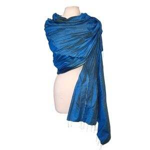 Franco Ferrari 100% Silk Scarf Iridescent Blue Pleated Fringe Shawl Wrap 86 X 33